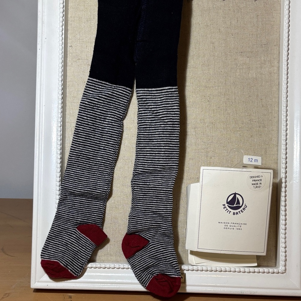 Petit Bateau Men's Black and Gray Striped Socks with Red Accents